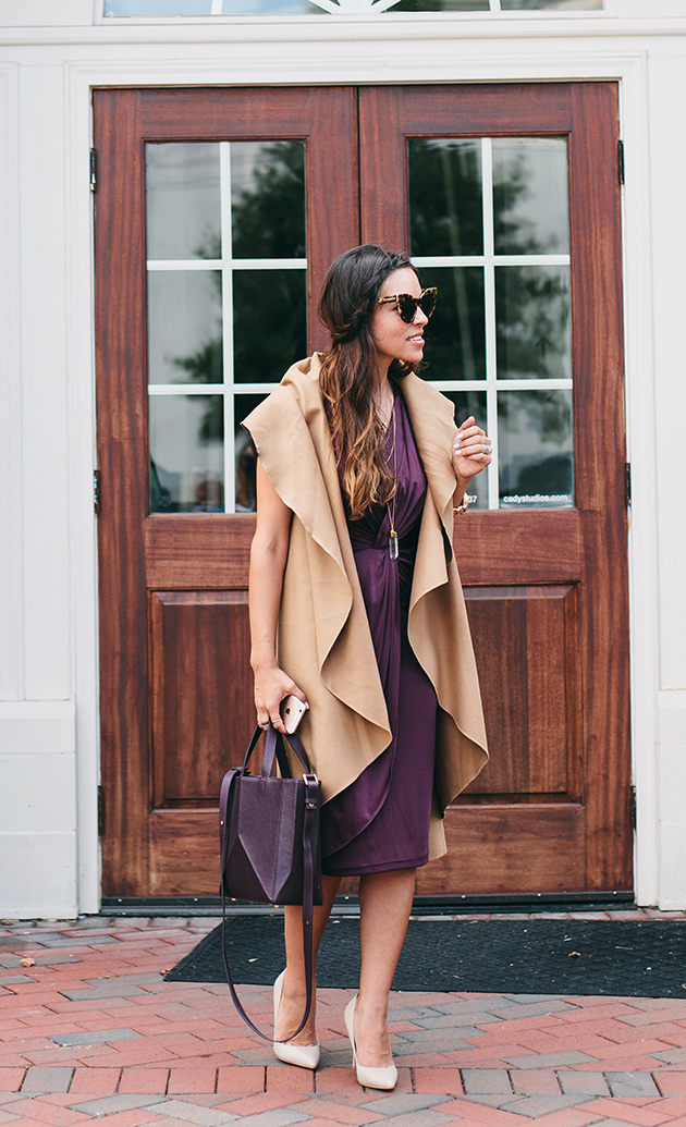 Marsala dress, camel cape