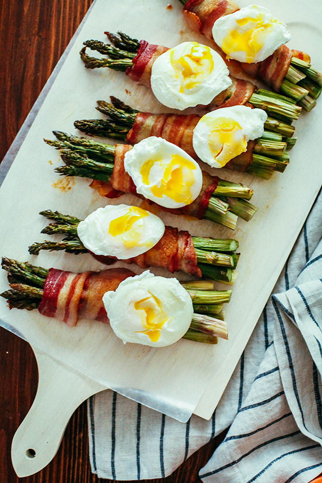 Bacon wrapped asparagus + poached eggs