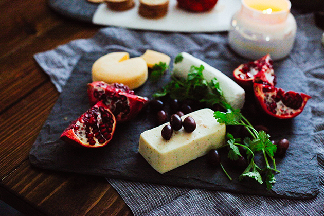 pomegranate, olives, and cheese