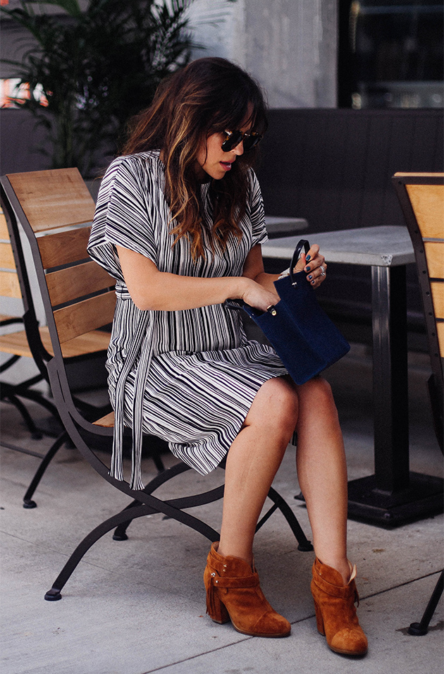 striped dress - suede booties