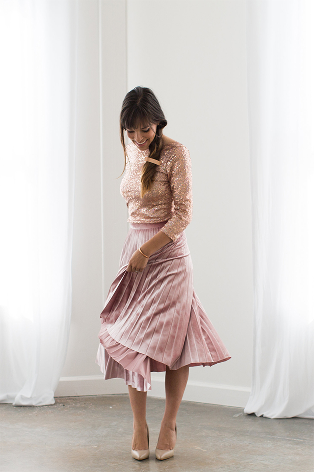 blush pink velvet skirt