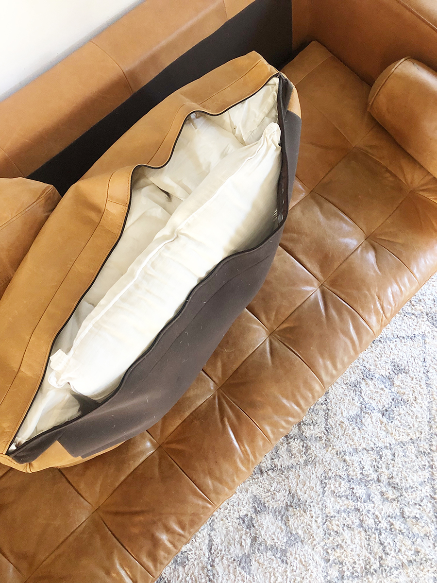 A quick and easy hack to plump up your sofa cushions. (+Leather Care!) - In  Honor Of Design