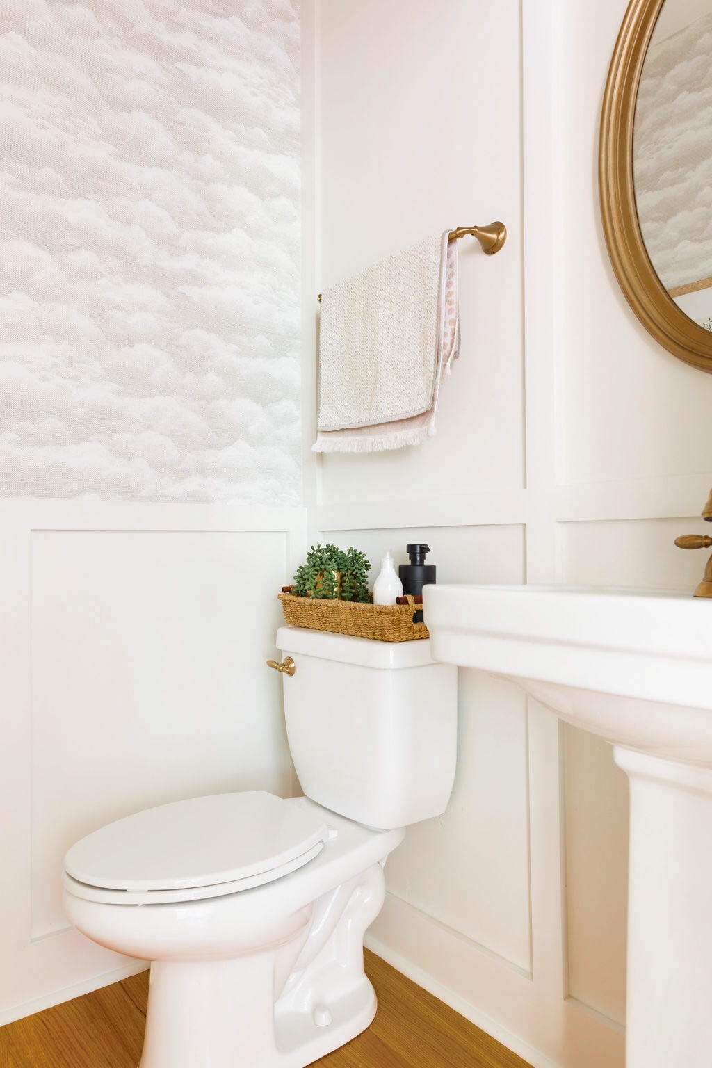 bathroom makeover, cloud wallpaper