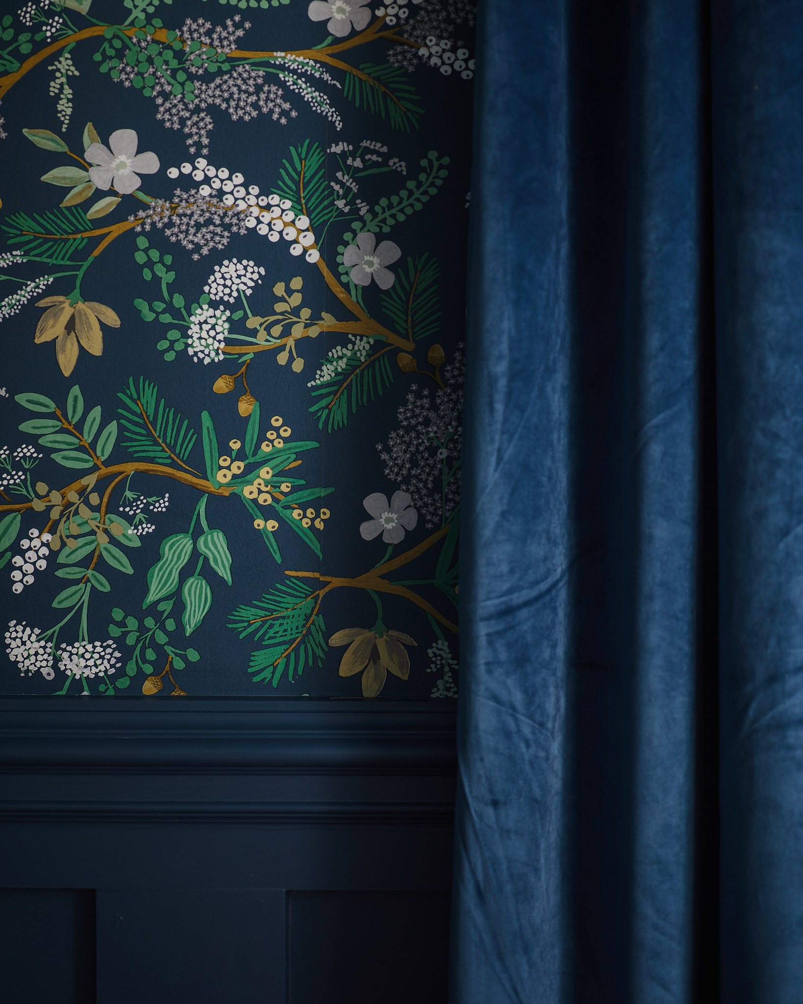 Rifle Paper Co. floral wallpaper and velvet curtains - In Honor Of Design