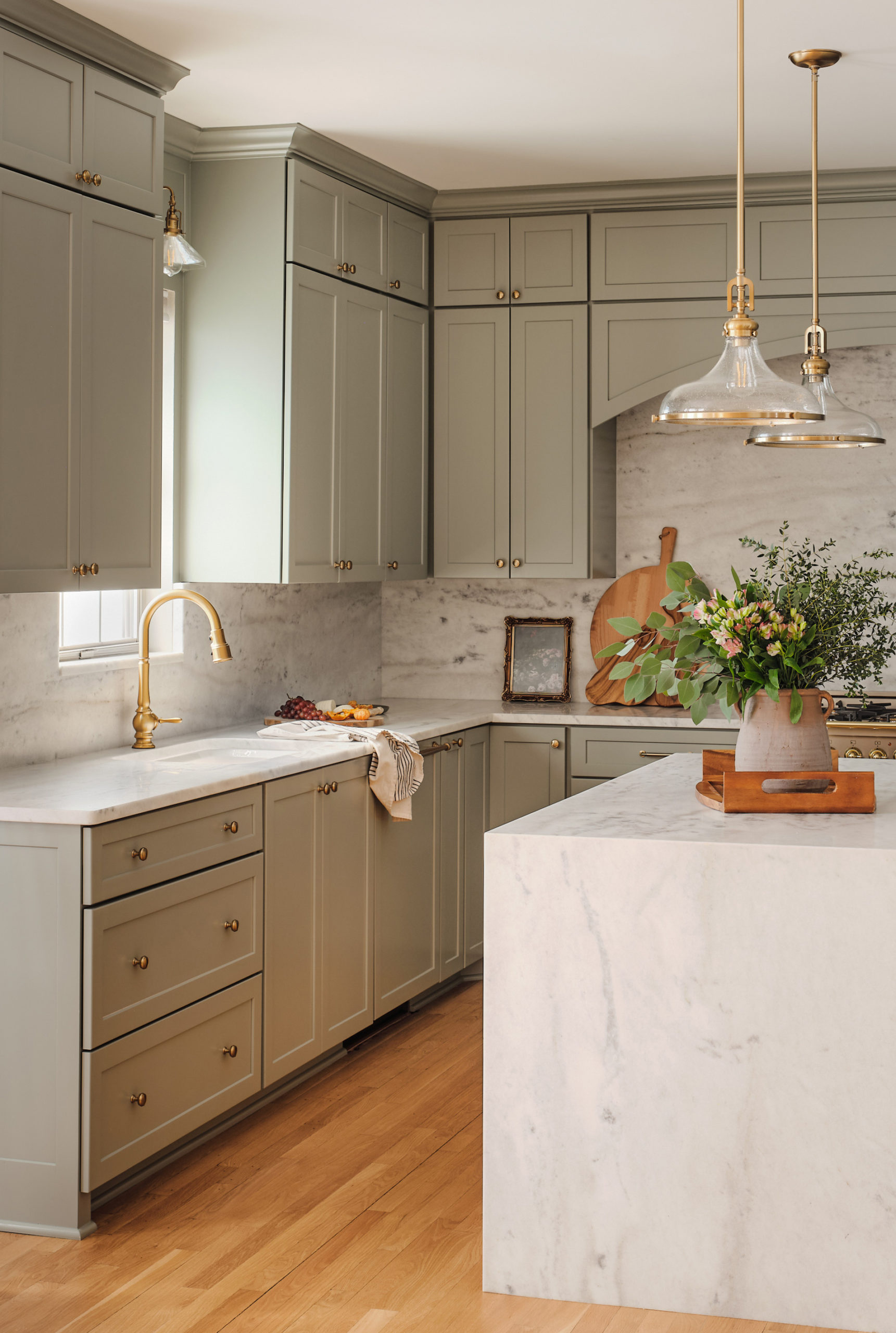 green kitchen cabinets - hardware - marble