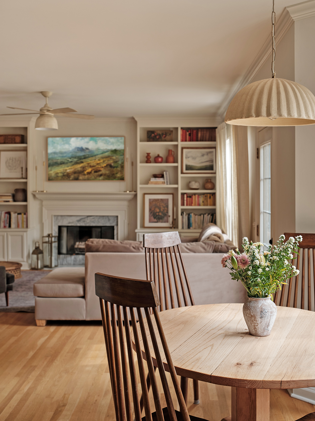 pleated pendant and windsor chairs round oak dining table