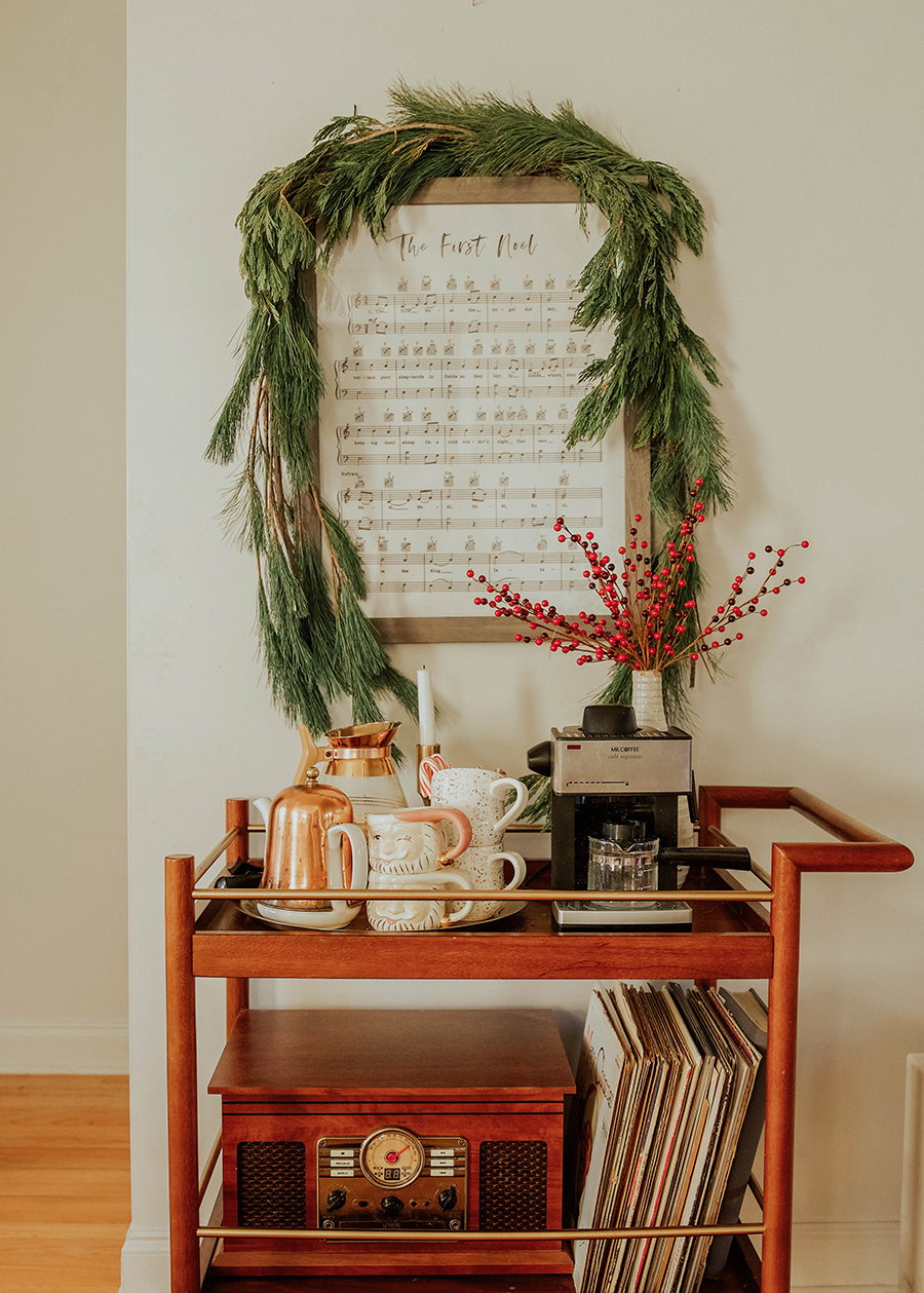 vintage record player holiday bar cart