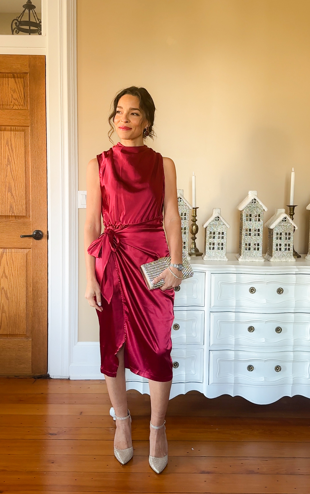 red satin dress - holiday dress ideas