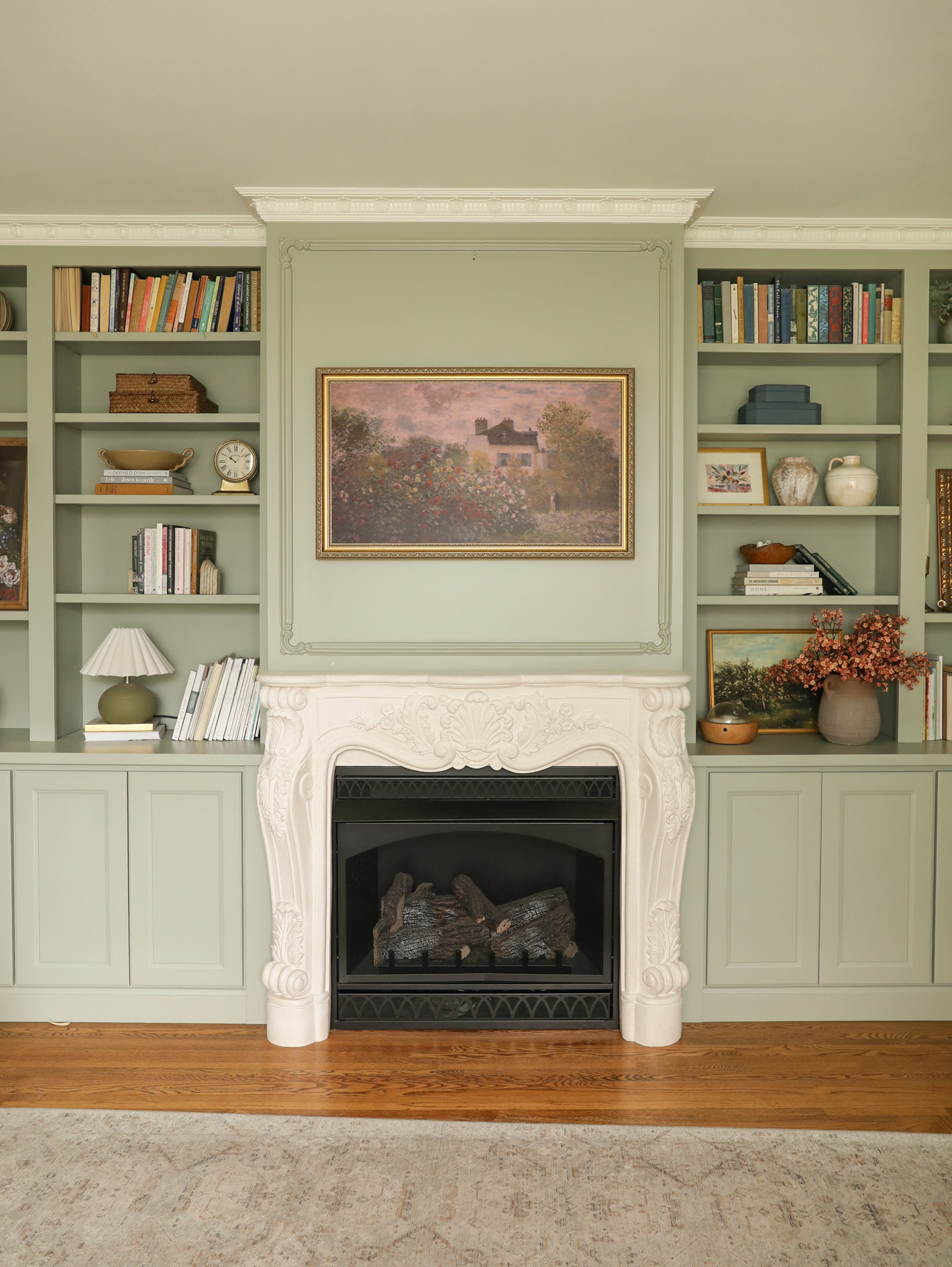living room design-historical mantel-blue gray farrow and ball